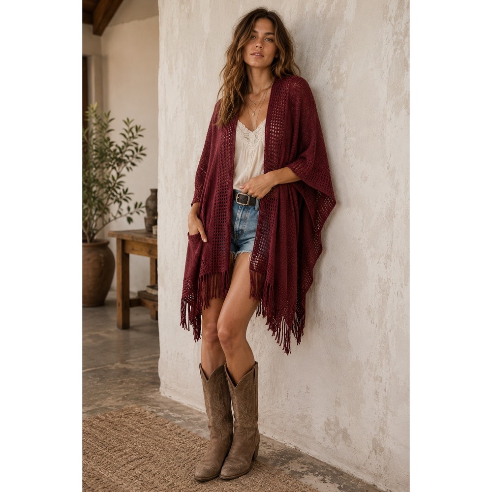 Max Edition Burgundy Fringe Knit Poncho Cardigan OS Boho Hippie Western Cottage